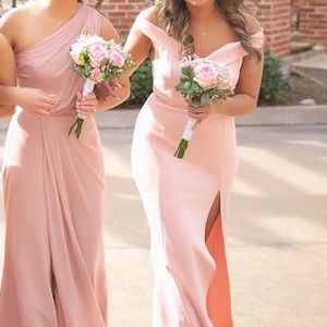 Blush off shoulder dress with slit